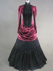 Victorian Dress Costume Burgundy Satin Long Sleeves Women's High Collar Ruffle Ball Gown Victorian era Clothing Carnival #459222