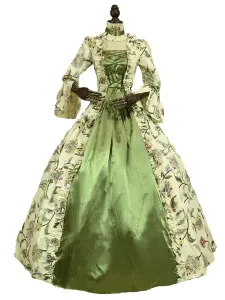Victorian Dress Costume Green Retro Costumes Long Sleeves Square Neckline Ball Gown Floral Print with Choker Victorian Era Clothing Marie Antoinette C #494235