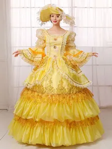 Victorian Dress Costume Womenâs Victorian era Clothing Yellow Long Sleeves Ball Gown Dress Retro Costume Halloween #464693