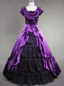 Victorian Dress Costume Women's Purple Satin Ruffle Short Sleeves Ball Gown Retro Victorian era Clothing Halloween