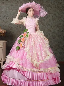 Victorian Dress Costume Women's Stand Collar Pink Vintage Victorian era Clothing Royal Ball Gown Pageant Costumes Dress Halloween #464669