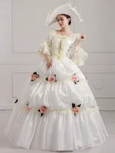 Victorian Dress Costume Women's Victorian era Clothing White Square Neckline Ball Gown Pageant Dress With Flowers Outfits Halloween #464675