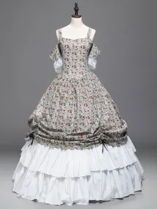 Women Retro Costumes Ruffle Floral Print Cold Shoulder Marie Antoinette Costume Vintage 18th Century Costume