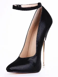 Black Leather Snake Print Ankle Strap Pointed Toe Sexy Pumps #452970