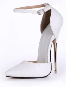 White Leather Pointed Toe Ankle Strap Sexy Pumps #452979