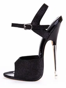 Black Sequined Cloth Buttons Peep Toe Womens Sexy Sandals #452997