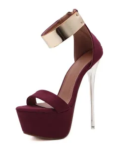 Burgundy Sexy Sandals 2023 Women High Heel Sandals Platform Metal Details Ankle Strap Sandal Shoes #463877