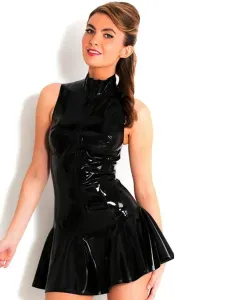 Black Patent Leather Dress Sleeveless Shiny Metallic Dress #482390
