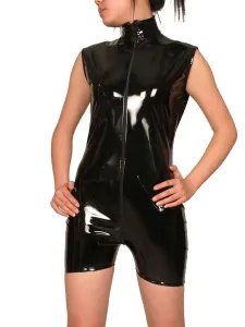 Black Sleeveless Shiny Metallic Fabric Shorts Style Front zip Catsuit For Women #457249