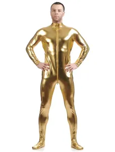 Golden Adults Bodysuit Cosplay Jumpsuit Shiny Metallic Catsuit for Men #456125