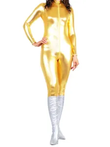 Golden Two-Tone Shiny Metallic fabric Catsuit Unisex Body Suit #457979