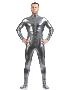 Gray Adults Bodysuit Cosplay Jumpsuit Shiny Metallic Catsuit for Men
