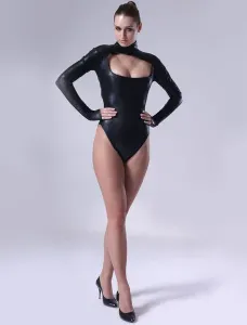 Sexy Black Bodysuit Shiny Metallic Fabric Leotard Hallow Bust Style #457438