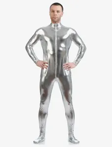 Silver Adults Bodysuit Shiny Metallic Catsuit for Men #456155