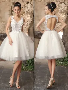 Ivory Short Bridal Dress Backless Lace Sweetheart Neckline Tulle Sequins Wedding Dress Free Customization #452940