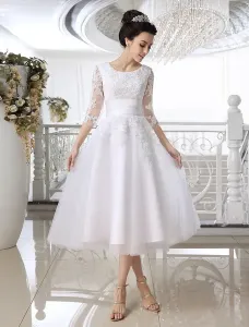 Lace Wedding Dress Illusion Half Sleeve Tea Length Bridal Dress Free Customization #451960