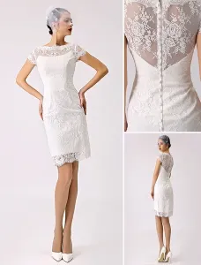 Short Simple Wedding Dress Lace Illusion Short Sleeve Sheath Reception Dress For Bride Free Customization #454395