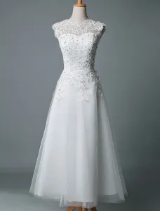 Vintage Wedding Dress Tea Length Jewel Neck Sleeveless A Line  Tulle Short Bridal Dress #494120