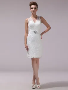 White Wedding Dress V Neckline Lace Knee Length Short Bridal Dress Free Customization #452456