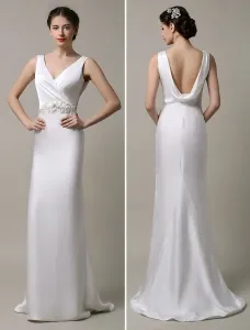 Ivory Satin Cowl Back V Neckline Sash Beaded Embellished Wedding Dress Free Customization #454650