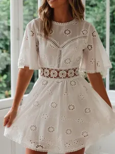 Summer Dresses White Jewel Neck Cut Out Sundress #500164
