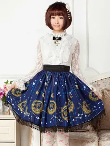 Deep Blue Star Printed Polyester short Lolita Skirt dress for Girls #455744