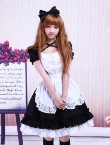 Sweet Black Cotton Maid Lolita One-piece White Apron Short Sleeves Lace Trim #456617