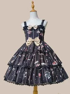 Sweet Lolita JSK Dress Polyester Sleeveless Bowknot Navy Blue Lolita Jumper Skirt #648871