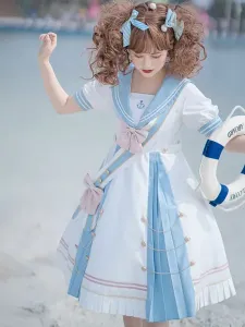 Sweet Lolita OP Dress Polyester Short Sleeves Bows Navy Blue Lolita One Piece Dress #581700