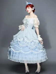 Sweet Lolita OP Dress Polyester Short Sleeves Light Blue Sweet Lolita One Piece Dress #654093
