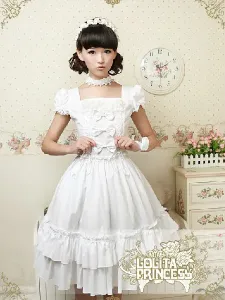 Pure Cotton Sweet Loltia One-piece Dress Square Neck Bows Layers Ruffles #452904