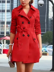 Outerwear For Woman Turndown Collar Buttons Retro Khaki Wrap Coat