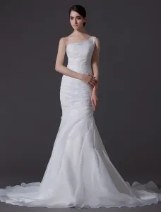 Ivory One Shoulder Ruched Organza Beaded Mermaid Wedding Dress Free Customization #452528