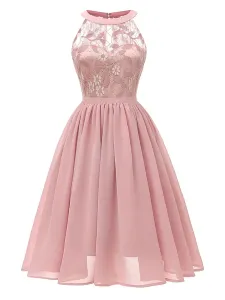 1950s Retro Dress Pink Sleeveless Jewel Neck Lace Polyester Swing Dress #536177