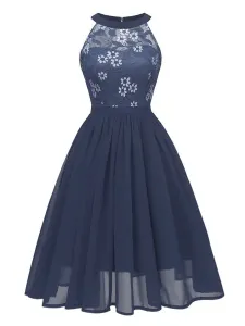 1950s Retro Dress Pink Sleeveless Jewel Neck Lace Polyester Swing Dress #536178