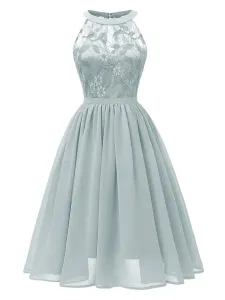1950s Retro Dress Pink Sleeveless Jewel Neck Lace Polyester Swing Dress #536179