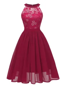 1950s Retro Dress Pink Sleeveless Jewel Neck Lace Polyester Swing Dress #536180