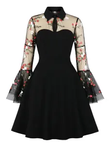 1950S Retro Dress Turndown Collar Cut Out Layered Long Sleeves Knee Length Printed Rockabilly Dress #560406