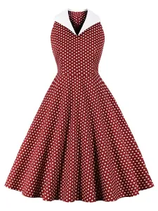 1950s Retro Dress Turndown Collar Pleated Irregular Sleeveless Polka Dot Burgundy Rockabilly Dress #527561