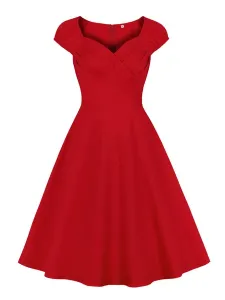 1950s Vintage Dress Red Layered Pleated Sleeveless Sweetheart Neck Red Swing Dress #560396