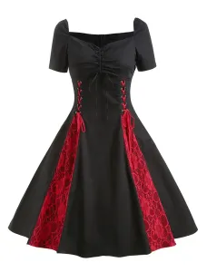 Black Vintage Dress 1950s Short Sleeve Lace Up Two Tone Retro Dress #477890