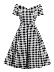 Black Vintage Dress 1950s Short Sleeve V Neck Plaid Retro Dresses #477896