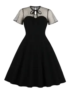 Black Vintage Dress 1950s Summer Dress Polka Dot Short Sleeves Round Neck Swing Retro Dress
