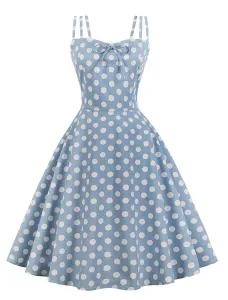 Blue Vintage Dress Polka Dot Straps Bows Cotton Retro Dress