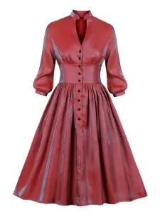 Christmas Retro Dress 1950s Red Ombre Woman's Long Sleeves V Neck Rockabilly Dress #491931