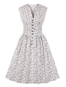 Floral Vintage Dress Sleeveless 1950s Fashion Retro Dress V Neck Swing Dress #478723