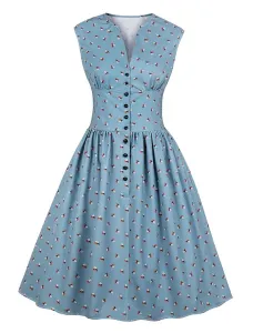Floral Vintage Dress Sleeveless 1950s Fashion Retro Dress V Neck Swing Dress #478725