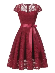 Lace Vintage Dress 1950s Bow Sash Sweetheart Short Sleeves Pleated Swing Retro Summer Dress #480921