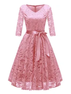 Lace Vintage Dress V Neck Bows Solid Color Party Dress