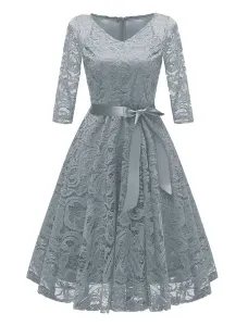 Lace Vintage Dress V Neck Bows Solid Color Party Dress #474009